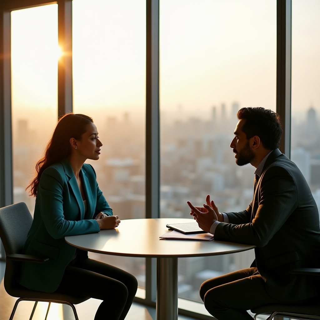 Two professionals engaged in a thoughtful, structured conversation in a modern meeting room with city views