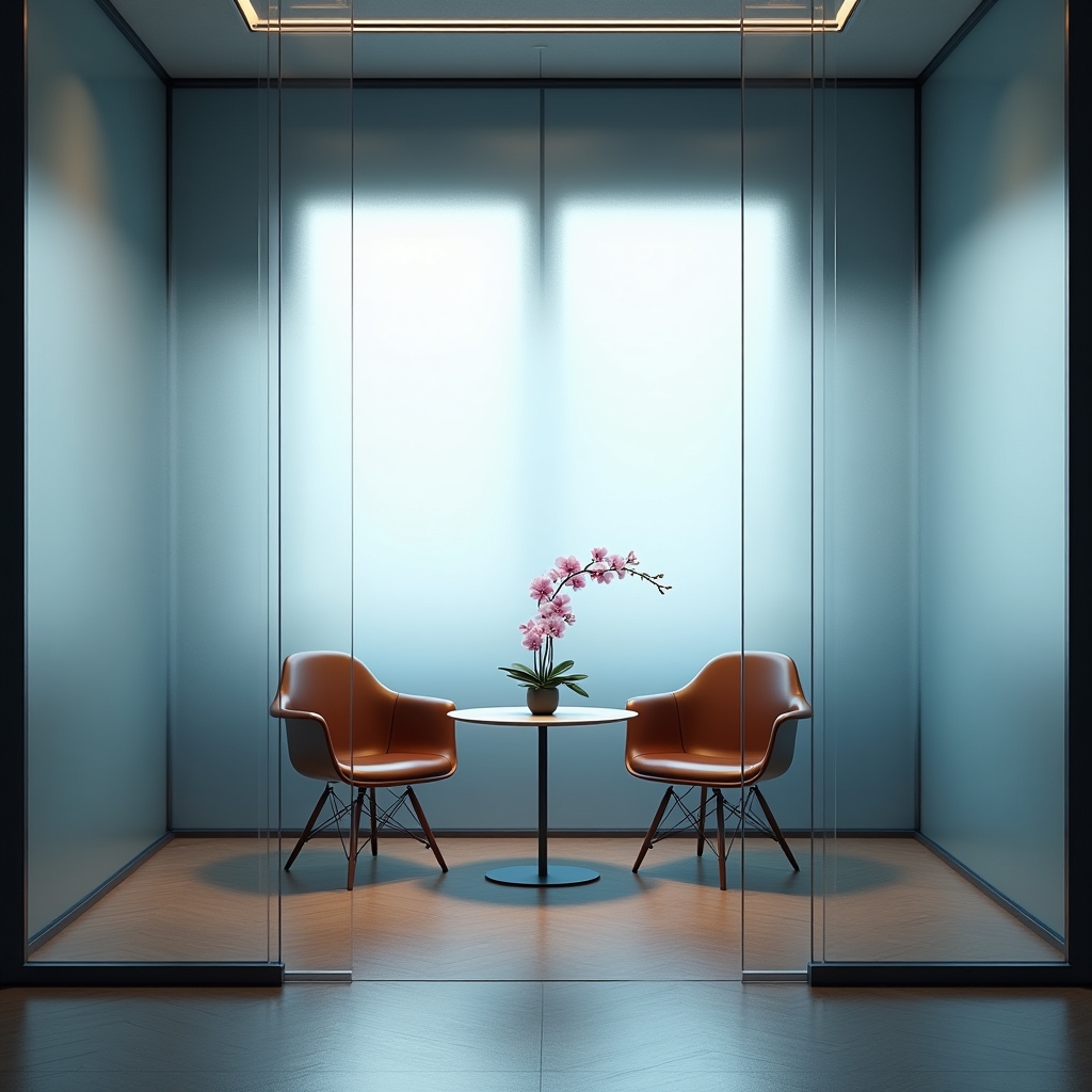 Private meeting room with frosted glass walls conveying confidentiality and discretion