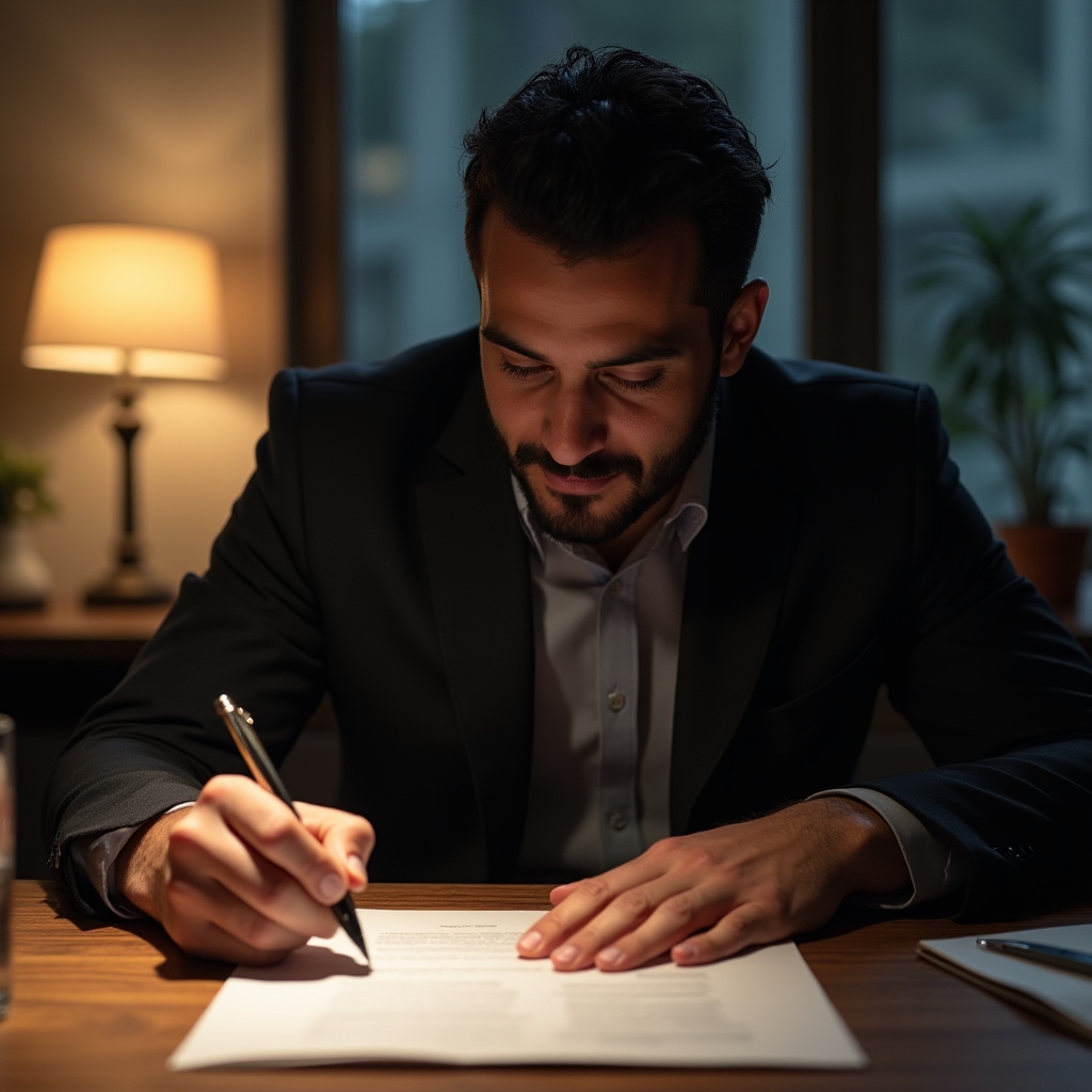 Professional reviewing and signing a formal agreement document at a clean modern desk