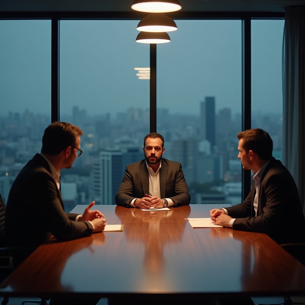 Professional mediation session at a conference table with participants in discussion