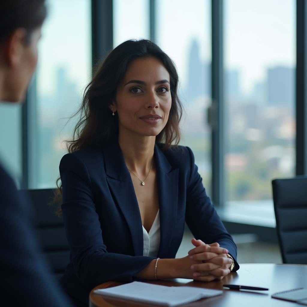 Neutral mediator facilitating a professional discussion in a modern office setting