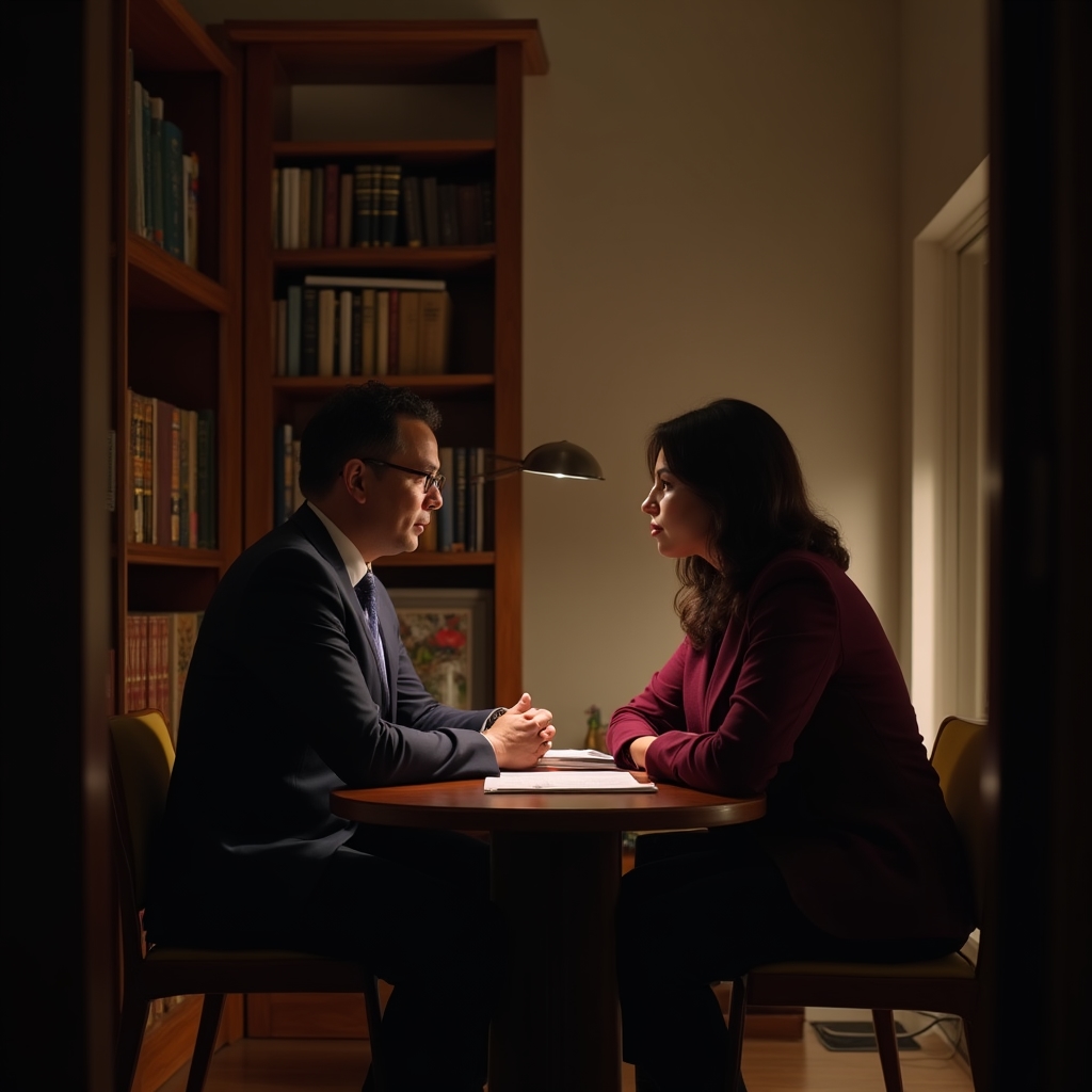 Mediator in a private one-on-one consultation session with a participant in a quiet, professional office setting