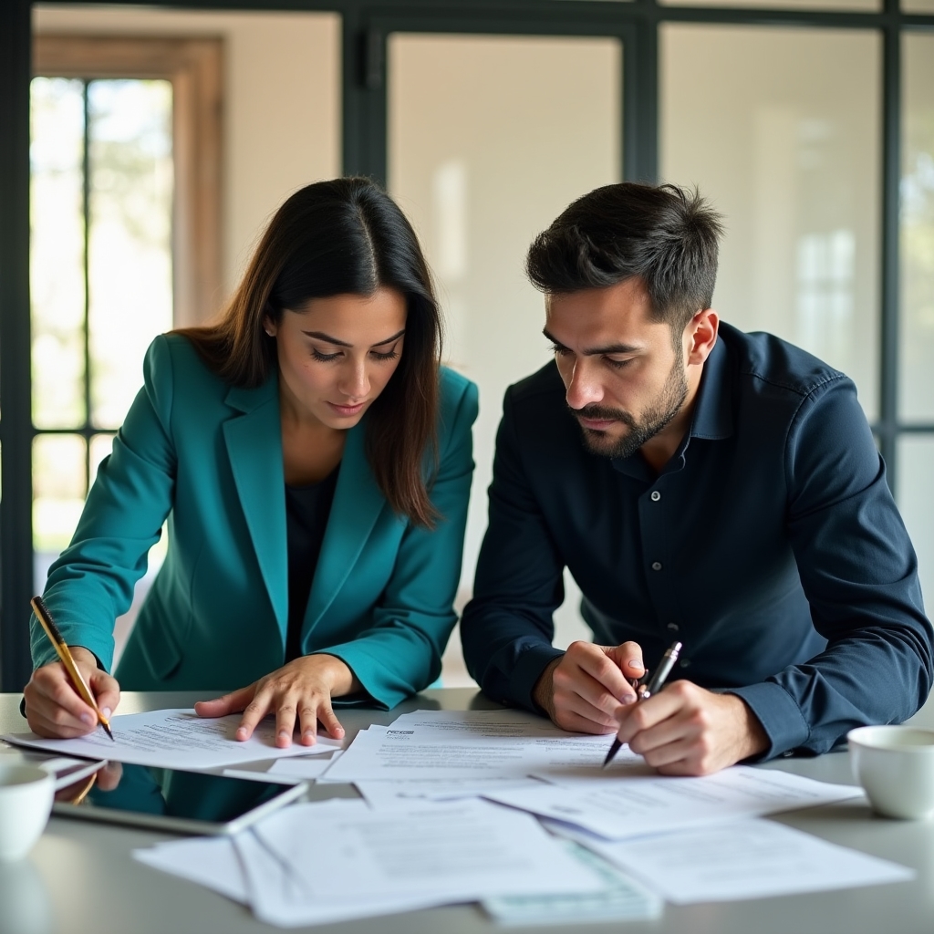 Two mediation professionals collaborating over documents and notes in a bright, professional office environment
