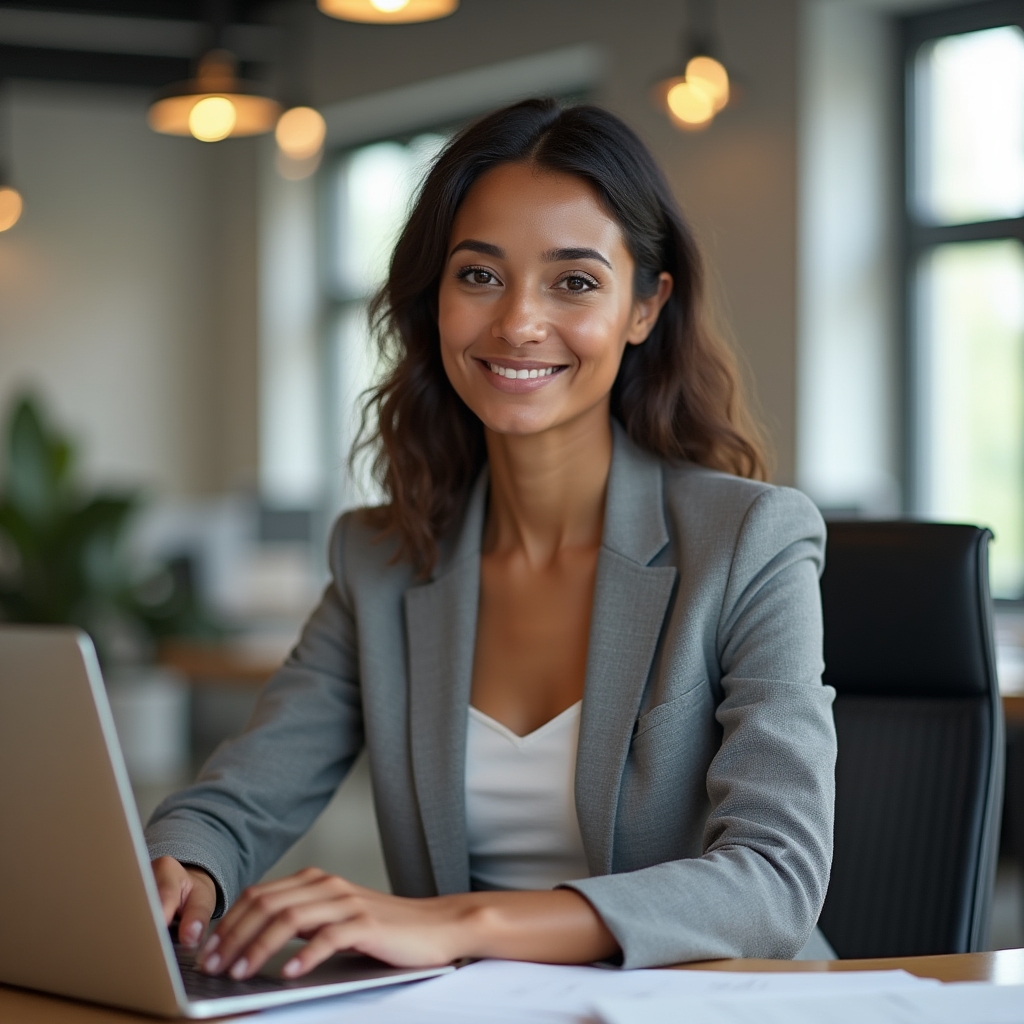 Process coordinator, a professional woman in her mid-30s with an organized, professional demeanor at a modern desk