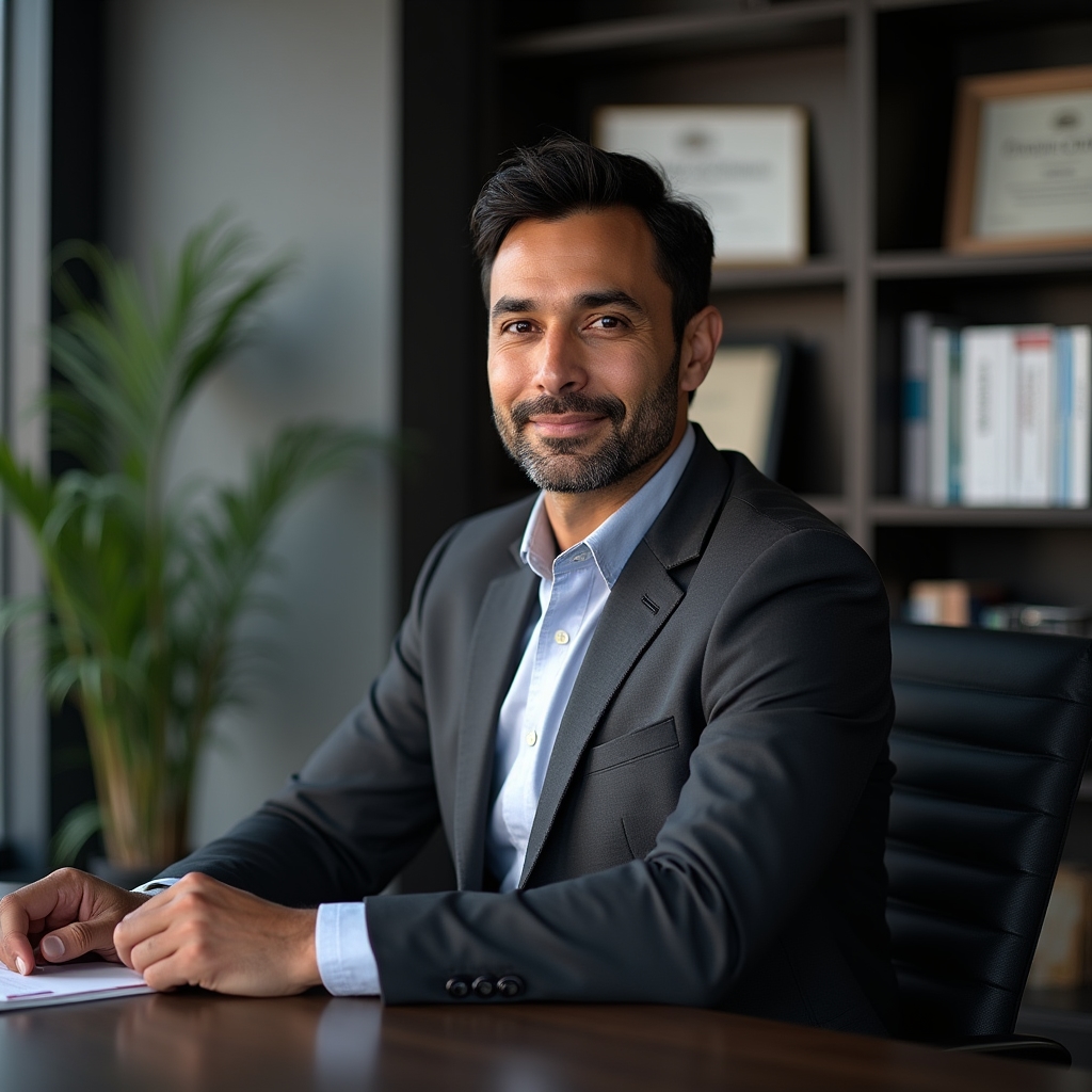 Associate mediator, a professional man in his early 40s with a calm, attentive expression in a professional environment