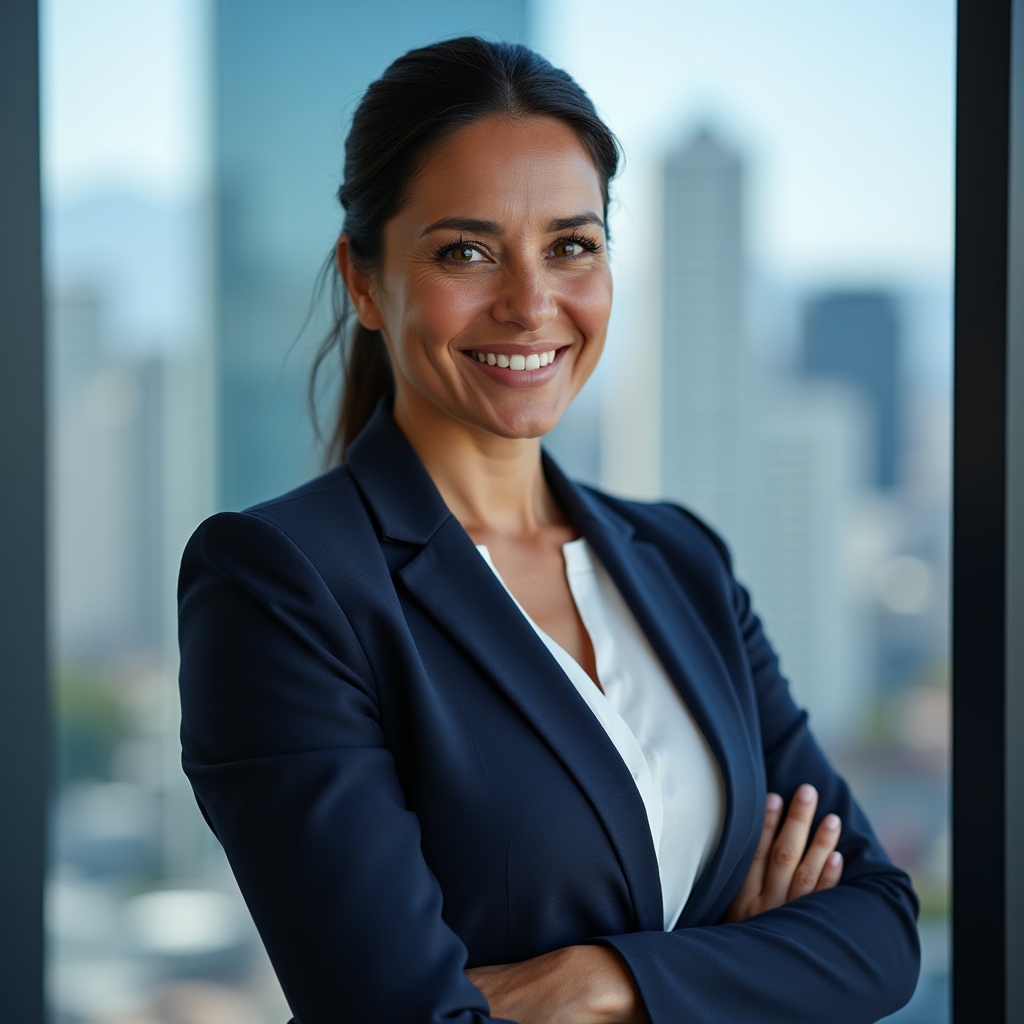 Lead mediator, a professional woman in her late 30s with warm expression in a modern office setting