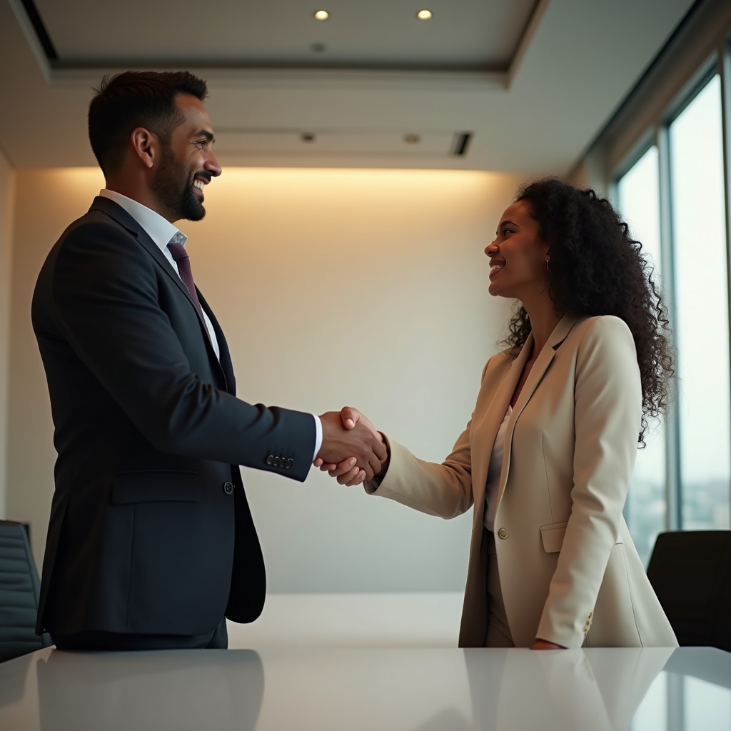 Two professionals exchanging a handshake representing voluntary agreement and mutual respect